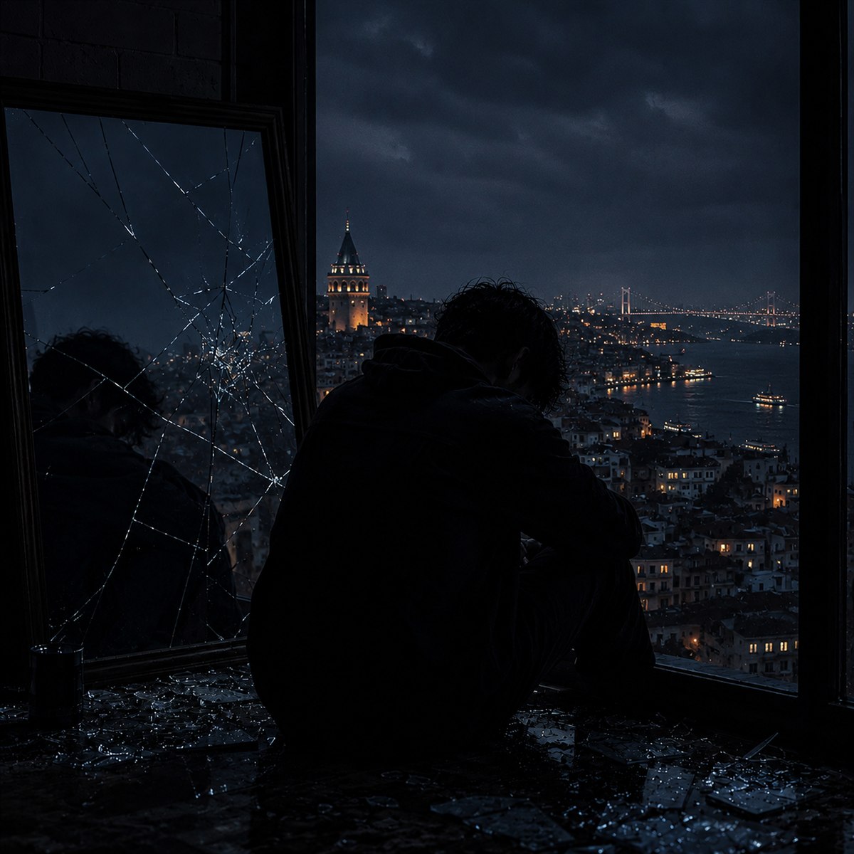 Sınırları Aştın — Kırık bir camın önünde gece şehrine bakan yalnız bir siluet.